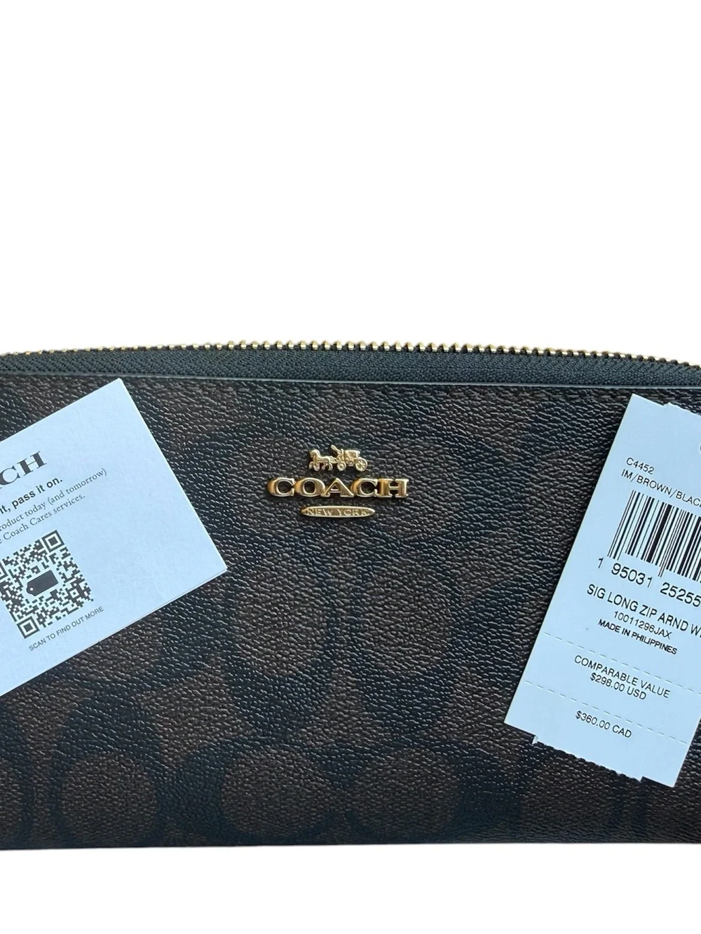 Coach Brown and Black Signature Zip Wallet with Gold Logo